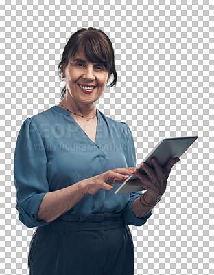 Buy stock photo Tablet, portrait and business woman isolated on transparent, png background of Human Resources management online. HR professional, employee or happy person scroll on digital technology for job email