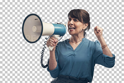 Buy stock photo Isolated woman, megaphone and screaming announcement for justice, power and promo by transparent png background. Senior lady, speaker and notification for human rights, news and protest with noise