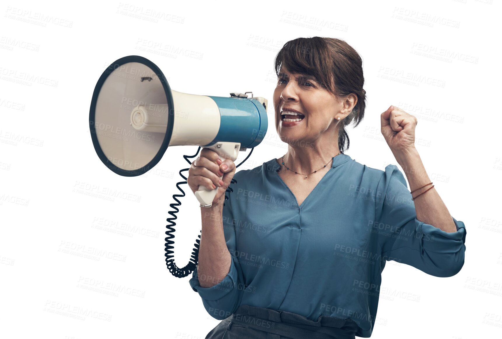Buy stock photo Isolated woman, megaphone and screaming announcement for justice, power and promo by transparent png background. Senior lady, speaker and notification for human rights, news and protest with noise