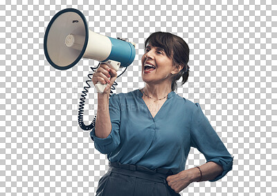 Buy stock photo Isolated woman, megaphone and shout announcement with voice, communication and promo by transparent png background. Senior lady, speaker and bullhorn for notification, news and protest with noise