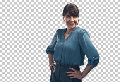 Buy stock photo Portrait, happy woman and manager akimbo isolated on a transparent png background. Face, business and smile of mature professional, entrepreneur or ceo from Canada with confidence for career success.