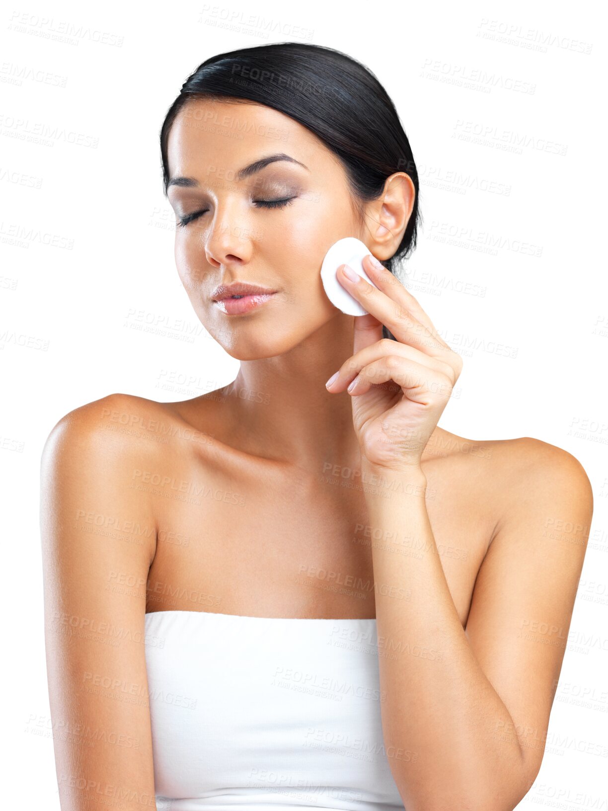 Buy stock photo Isolated woman, cotton pad and eyes closed for skincare, beauty and cleaning by transparent png background. Girl, model and product for natural skin glow, health and wellness  with facial cosmetics