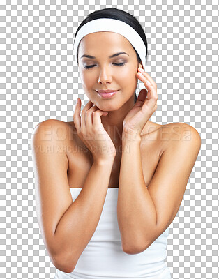 Buy stock photo Beauty, face and skincare with woman, cosmetics with healthy glow and self care isolated on png transparent background. Female model touching skin, makeup and facial with dermatology and satisfaction