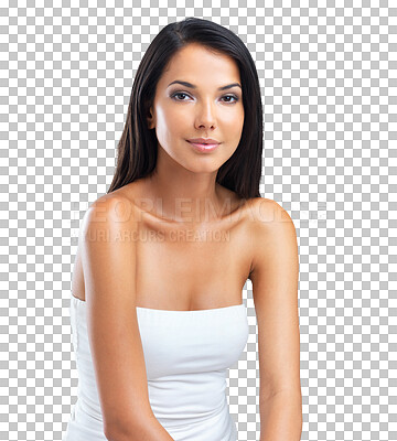 Buy stock photo Skincare, beauty and portrait of woman isolated on a transparent png background. Natural, makeup cosmetics and face of female model with spa facial treatment for healthy skin, aesthetic and wellness.