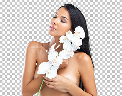 Buy stock photo Skincare, woman with eyes closed and orchid isolated on a transparent png background. Flowers, natural makeup or model with floral cosmetics, organic plant or beauty facial treatment for healthy skin