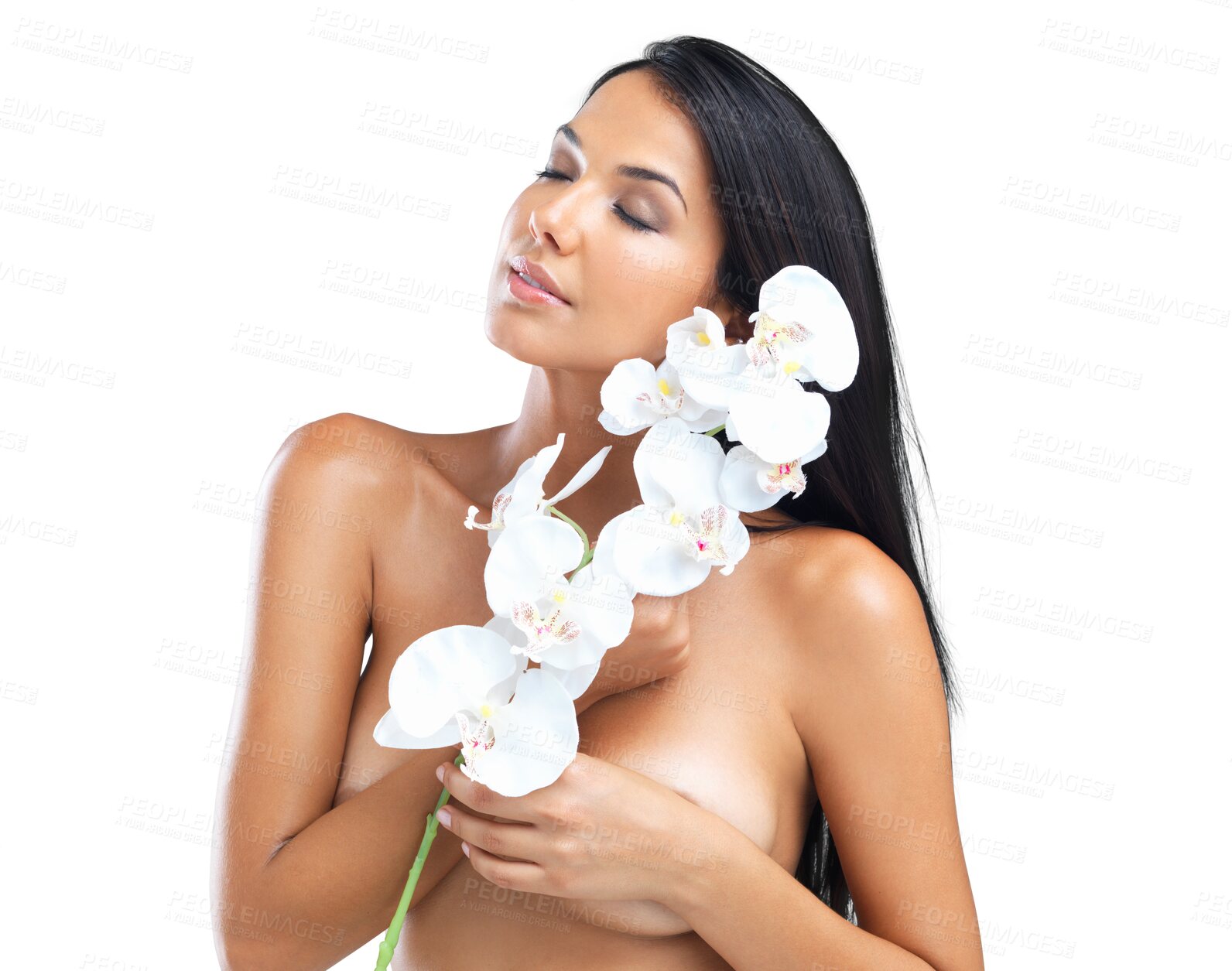 Buy stock photo Skincare, woman with eyes closed and orchid isolated on a transparent png background. Flowers, natural makeup or model with floral cosmetics, organic plant or beauty facial treatment for healthy skin