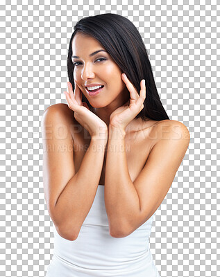 Buy stock photo Skincare touch, happy and portrait of woman isolated on a transparent png background. Natural, makeup cosmetics and face of model with spa facial treatment for healthy skin, aesthetic and beauty.