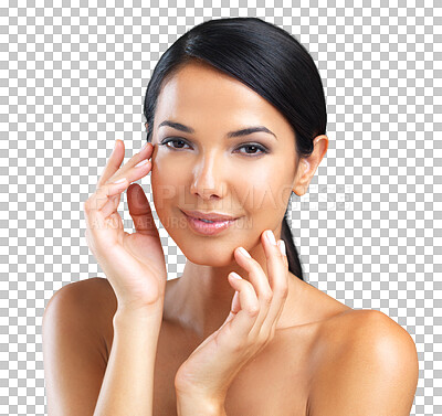 Buy stock photo Woman in portrait, beauty with face and natural skincare with cosmetics isolated on transparent png background. Healthy glow, grooming and female model touch skin, dermatology and makeup with facial