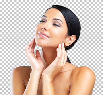 Buy stock photo Woman, beauty with face and natural skincare with cosmetics isolated on transparent png background. Healthy glow, grooming and female model touch skin, dermatology and makeup with facial treatment