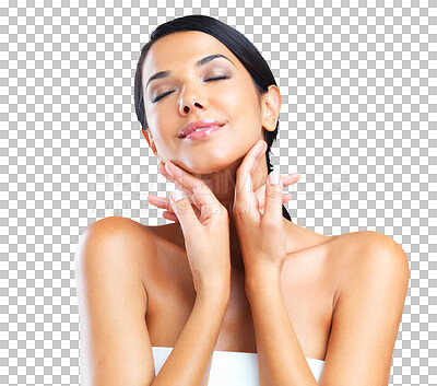 Buy stock photo Relax woman, face and natural beauty in skincare, makeup or cosmetics isolated on a transparent PNG background. Calm female person or young model smile with touch for perfect skin or facial treatment