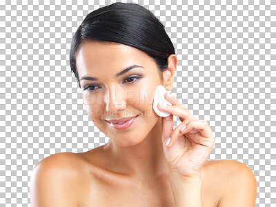 Buy stock photo Cotton pad, skin and face of a woman isolated on transparent, png background. Happy aesthetic model person with cleaning wipe and thinking of cosmetics, beauty glow and dermatology or natural makeup