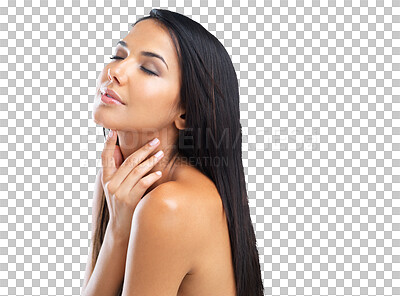 Buy stock photo Skincare, beauty with woman and isolated against a transparent png background. Healthcare wellness or self love, cosmetics or dermatology and young female person with glow for neck treatment