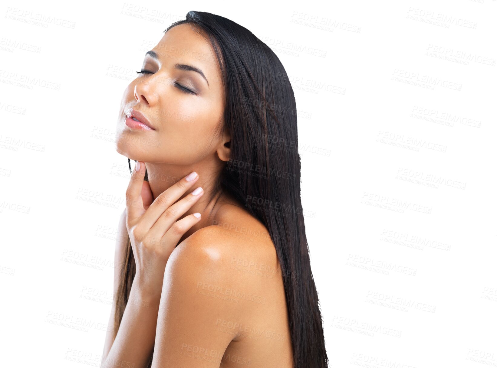 Buy stock photo Skincare, beauty with woman and isolated against a transparent png background. Healthcare wellness or self love, cosmetics or dermatology and young female person with glow for neck treatment