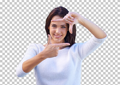 Buy stock photo Isolated woman, portrait and fingers frame with smile, fashion and creativity by transparent png background. Girl, model or student with finger, hands and beauty for photography influencer with sign