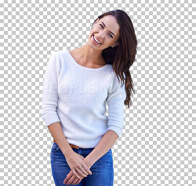 Buy stock photo Portrait, casual and happy woman on an isolated transparent, png background for cool fashion. Shy, happiness and young person or model from USA in a sweater, clothes and denim jeans with smile