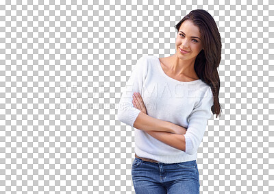 Buy stock photo Happy, young and portrait of a woman with arms crossed for professional career, pride or confidence. Smile, designer and a creative employee isolated on a transparent png background in Portugal