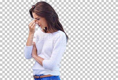 Buy stock photo Woman has headache, stress and pain with anxiety, financial or health crisis isolated on png transparent background. Medical problem, female person with migraine and brain fog, debt and fail in life