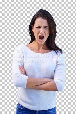 Buy stock photo Scream, frustrated and portrait of angry woman with arms crossed for stress, problem and bully. Anger, mad and a shouting girl with mean attitude and bullying isolated on a transparent png background