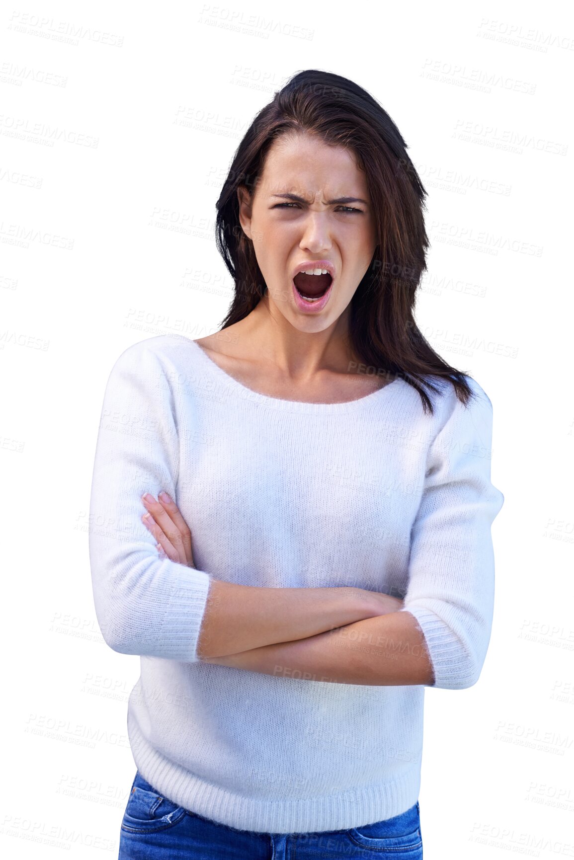 Buy stock photo Scream, frustrated and portrait of angry woman with arms crossed for stress, problem and bully. Anger, mad and a shouting girl with mean attitude and bullying isolated on a transparent png background