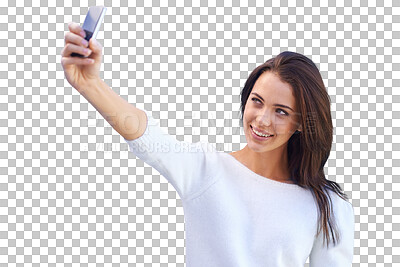 Buy stock photo Isolated young woman, selfie photography and smile for post on web by transparent png background. Influencer girl, model or student with social media app, profile picture and happy for internet blog