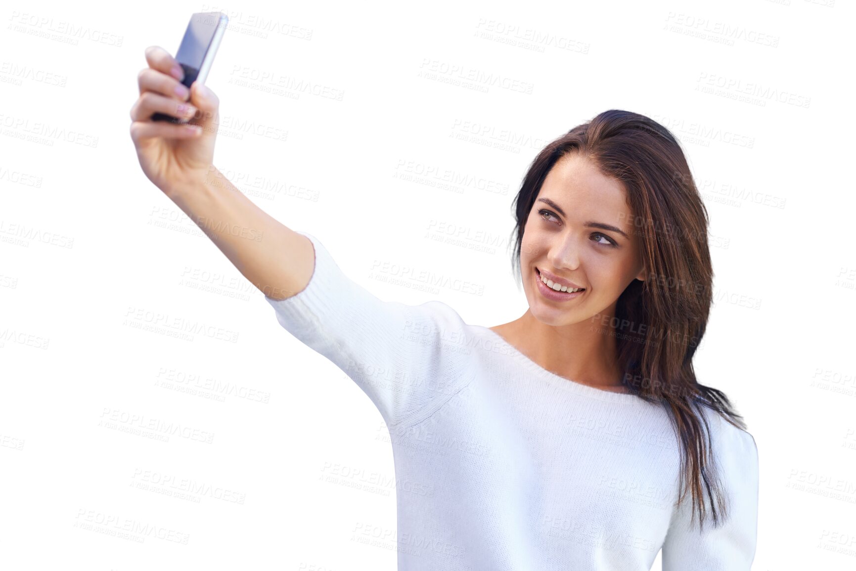 Buy stock photo Isolated young woman, selfie photography and smile for post on web by transparent png background. Influencer girl, model or student with social media app, profile picture and happy for internet blog