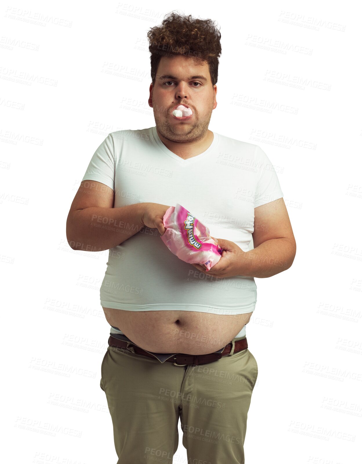 Buy stock photo Eating marshmallow, portrait and plus size man with a sweet food, treat and craving. Unhealthy, nutrition and male person overeating candy, sweets and snack isolated on a transparent png background