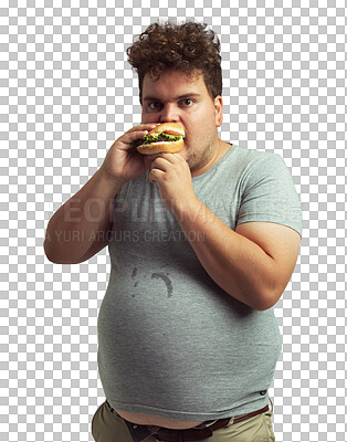 Buy stock photo Hamburger, portrait and eating with junk food with hunger in png with isolated in transparent background with takeaway. Hungry, addiction and burger and poor diet with plus size male with funny face.