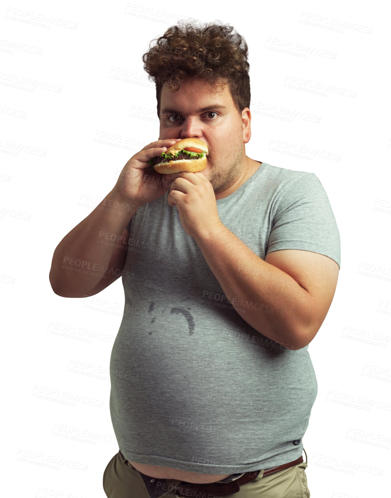 Buy stock photo Hamburger, portrait and eating with junk food with hunger in png with isolated in transparent background with takeaway. Hungry, addiction and burger and poor diet with plus size male with funny face.