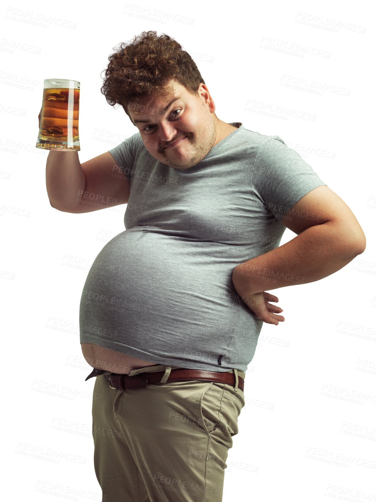 Buy stock photo Plus size man, beer and unhealthy drinking isolated on a transparent, png background. Portrait of a funny male model person with alcohol glass for cheers to bad health, weight loss or diet problem