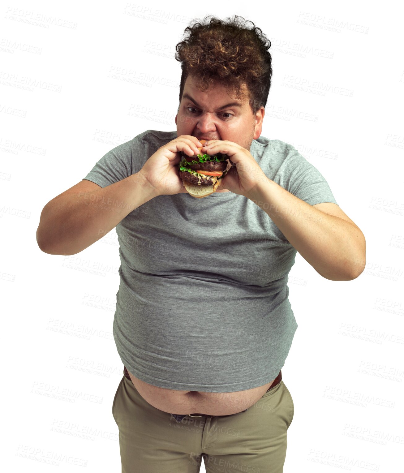 Buy stock photo Man, plus size and eating burger, fast food takeaway or binge disorder on isolated, transparent or PNG background. Funny, eat hamburger and person with unhealthy nutrition, diet and junk meal
