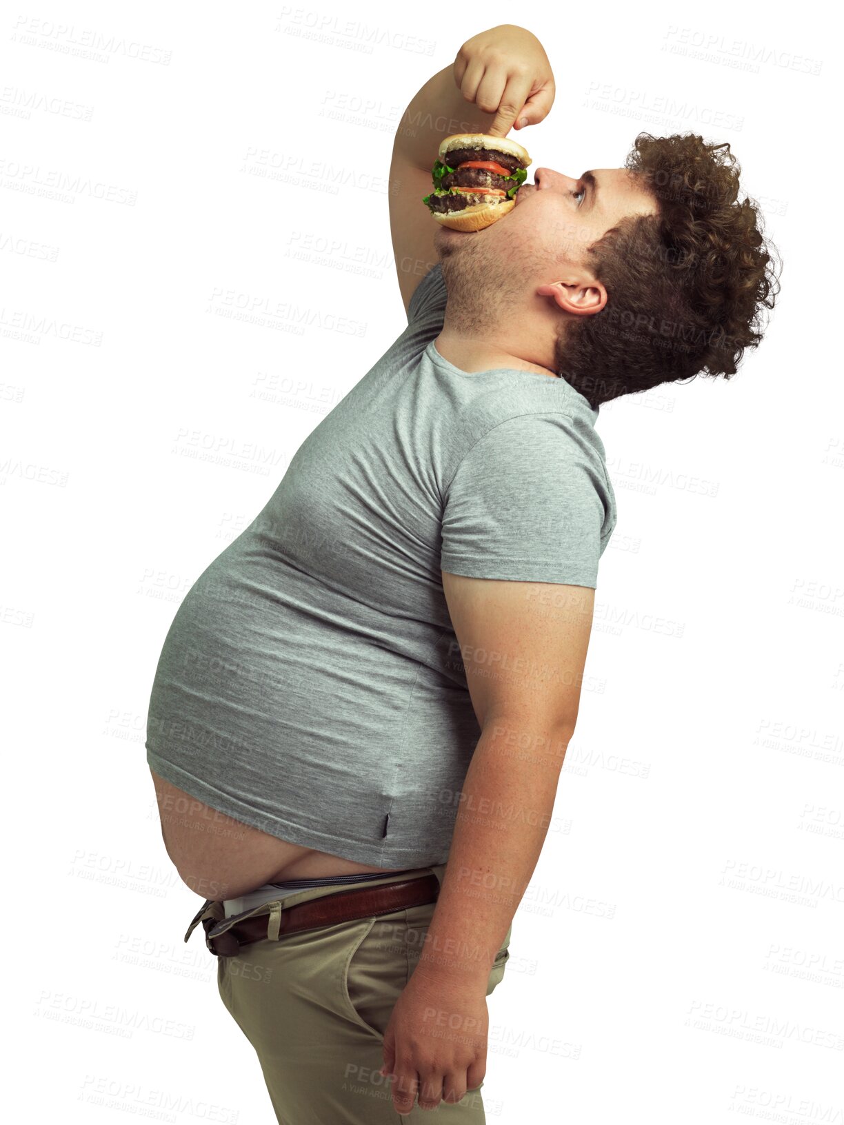 Buy stock photo Fast food, man eating a hamburger and isolated against a transparent png background. Cholesterol or poor nutrition, unhealthy diet or plus size and greedy or funny male person eat takeaway burger 