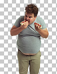 PNG Studio shot of an overweight man eating two hotdogs at once