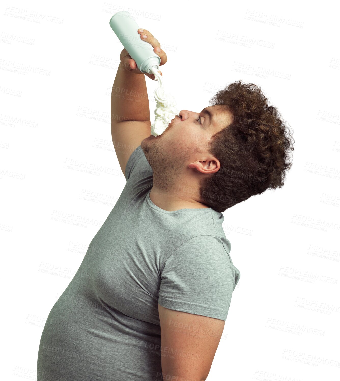 Buy stock photo Whipped cream, eating and man with bottle isolated on transparent, png background for unhealthy food. Dessert, health problem or risk and hungry, young plus size person with milk or dairy in mouth