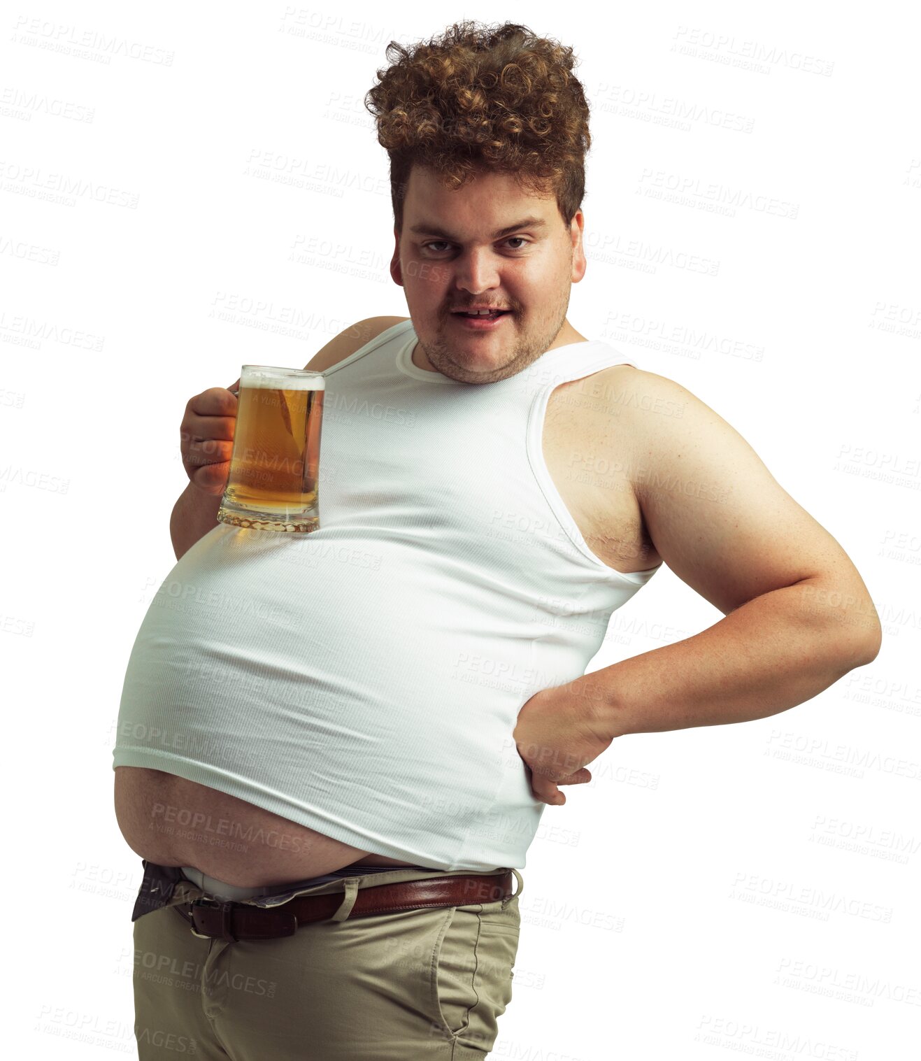 Buy stock photo Plus size man, portrait and beer with drink, alcohol and thirsty isolated on transparent png background. Male person drinking alcoholic beverage, drunk with smile and calories with poor nutrition