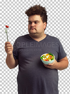 Buy stock photo Unhappy, plus size man with a salad and isolated against transparent png background for a healthy diet. Vegetable or fruit, healthcare and male person eating nutrition meal for health wellness