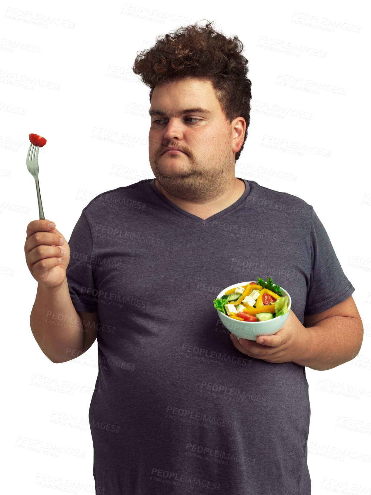 Buy stock photo Unhappy, plus size man with a salad and isolated against transparent png background for a healthy diet. Vegetable or fruit, healthcare and male person eating nutrition meal for health wellness