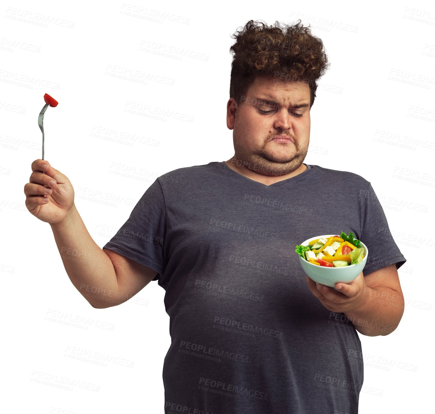 Buy stock photo Unhappy, plus size man with a salad and isolated against a transparent png background for a healthy diet. Vegetables or fruit, hungry and upset male person eat nutrition meal for health wellness