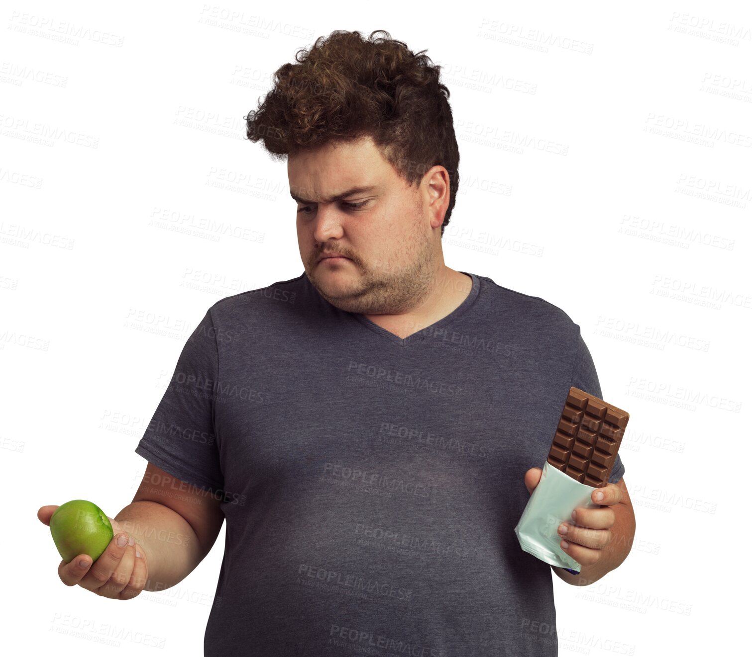 Buy stock photo Apple, chocolate and man thinking of unhealthy choice isolated on transparent, png background for food, sugar and diet. Dessert, green fruit and plus size person for detox or lose weight decision