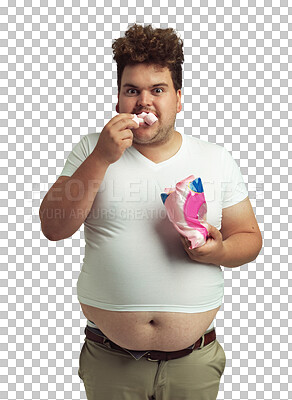 Buy stock photo Plus size man eating marshmallows, sweets and unhealthy lifestyle isolated on transparent png background. Food disorder, binge eat candy and male person overeating in portrait with poor nutrition