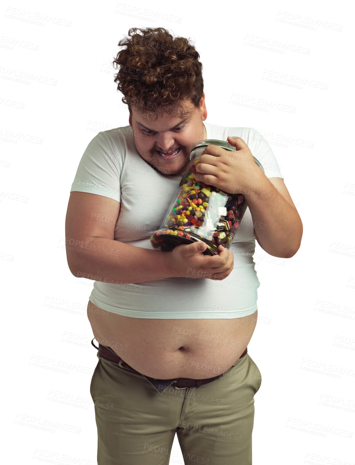 Buy stock photo Plus size, man and jar of candy isolated on transparent png background. Sweets, greedy and funny person with glass container, fast food and hungry for bad nutrition, unhealthy lifestyle or sugar diet