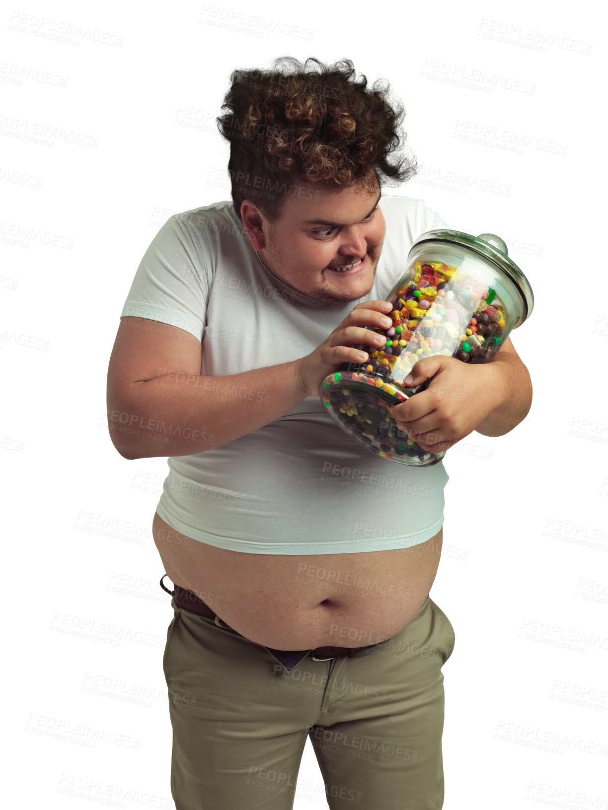 Buy stock photo Man, excited and jar with unhealthy candy or sweets isolated on transparent, png background. Funny plus size person with glass container for greed and sugar with calories, bad health or diet problem