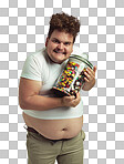 PNG of an overweight man holding a pot of candy