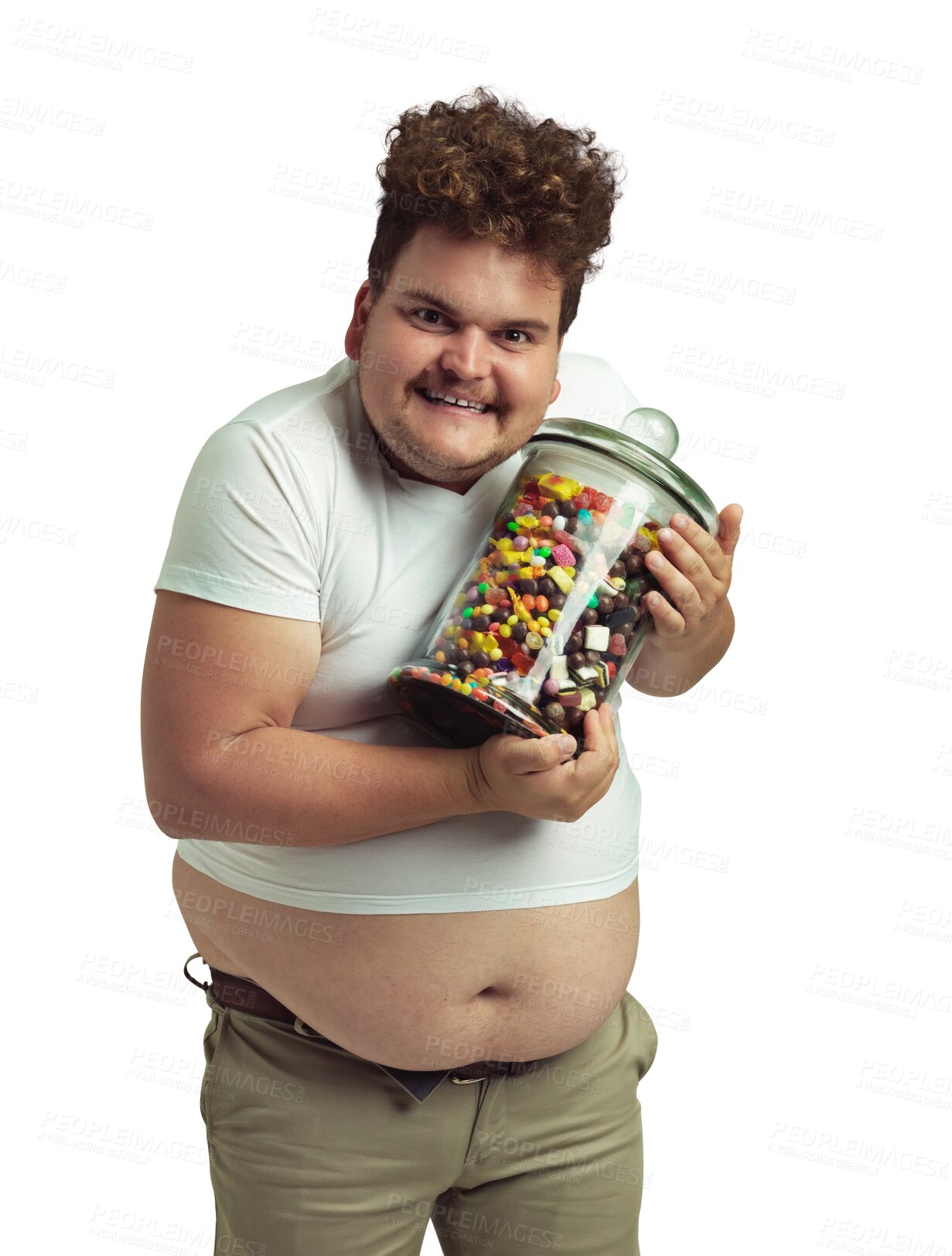 Buy stock photo Man, portrait and jar of sweets isolated on a transparent png background. Candy, greedy and plus size person with glass container, fast food and unhealthy lifestyle, bad nutrition or sugar diet.