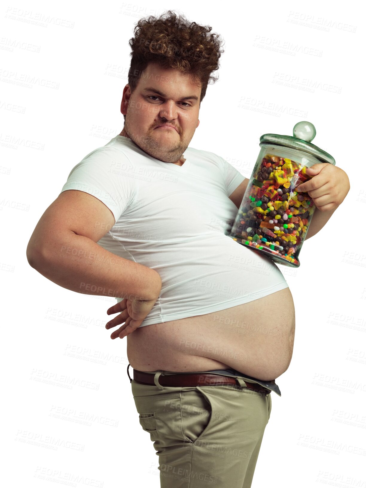 Buy stock photo Unhealthy man, jar of sweets or candy isolated on a transparent, png background. Portrait of a funny plus size person with glass container, greed and sugar for calories, bad health and diet problem