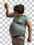 PNG of an overweight man looking at the bottom of a glass of beer while holding it in the air