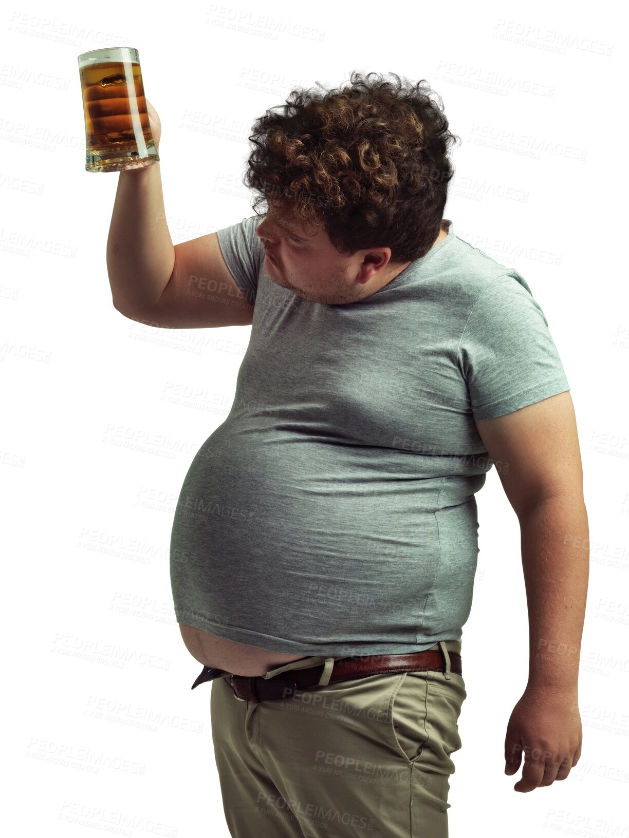 Buy stock photo Unhealthy, beer and plus size man drinking isolated on a transparent, png background. Funny male model person check alcohol glass or drink for greed and calories with bad health or diet problem