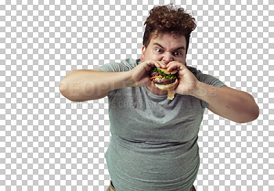 Buy stock photo Fast food, portrait of a man eating a hamburger and isolated against transparent png background. Mental health or stress, size or funny and male person eat burger or takeaway for unhealthy diet