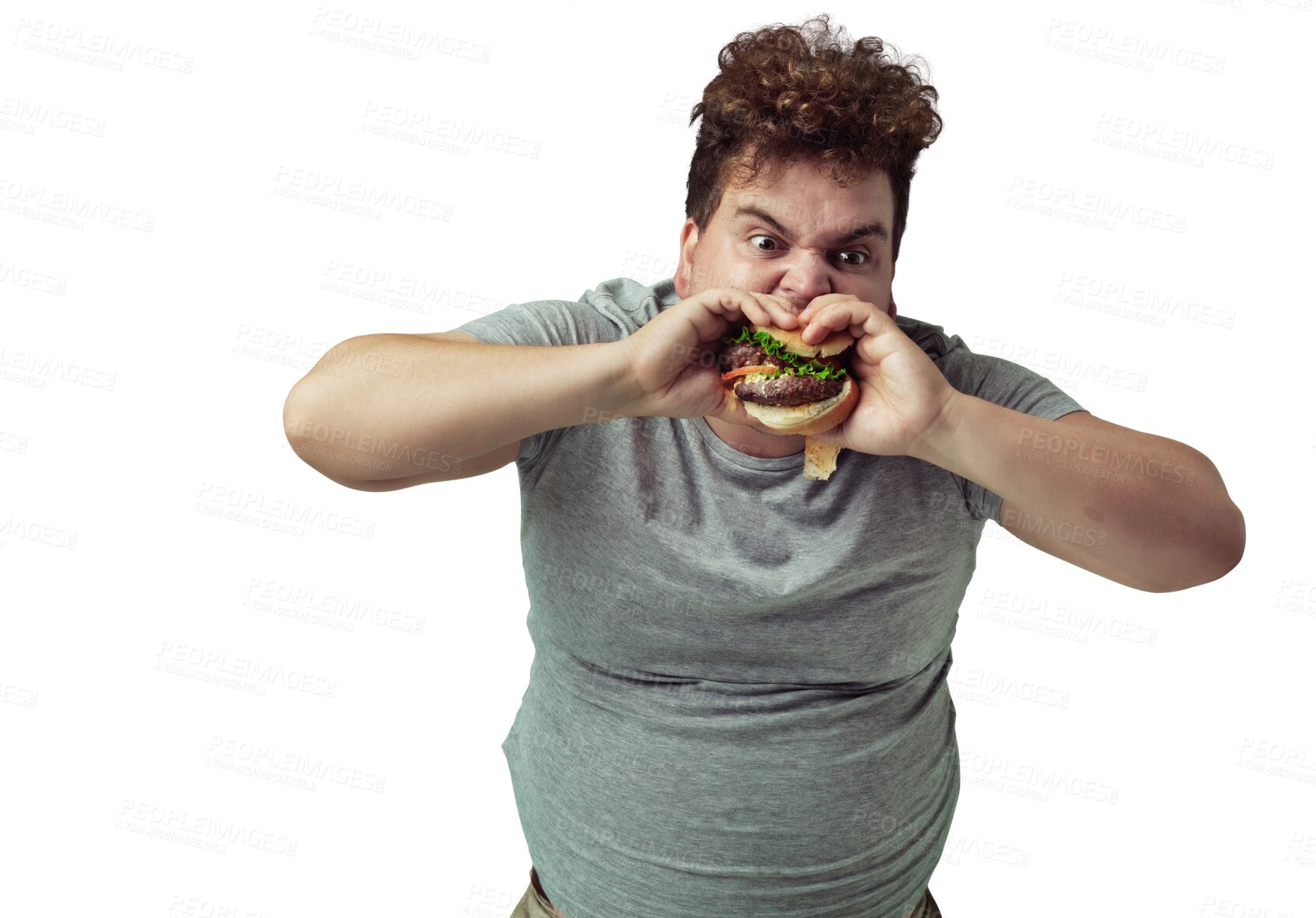 Buy stock photo Fast food, portrait of a man eating a hamburger and isolated against transparent png background. Mental health or stress, size or funny and male person eat burger or takeaway for unhealthy diet