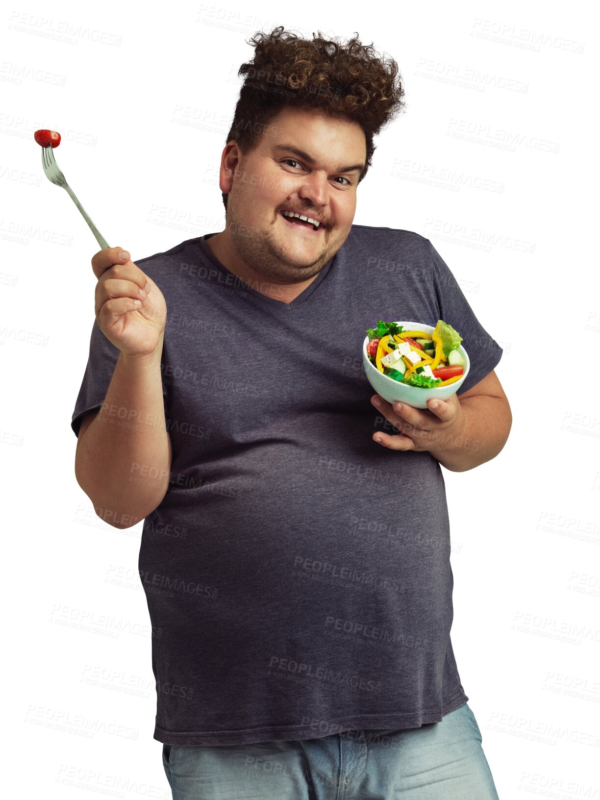 Buy stock photo Diet, salad and portrait of man eating lunch, healthy food or detox breakfast isolated on transparent, png background. Funny plus size model or body of person with vegetables for lose weight goal