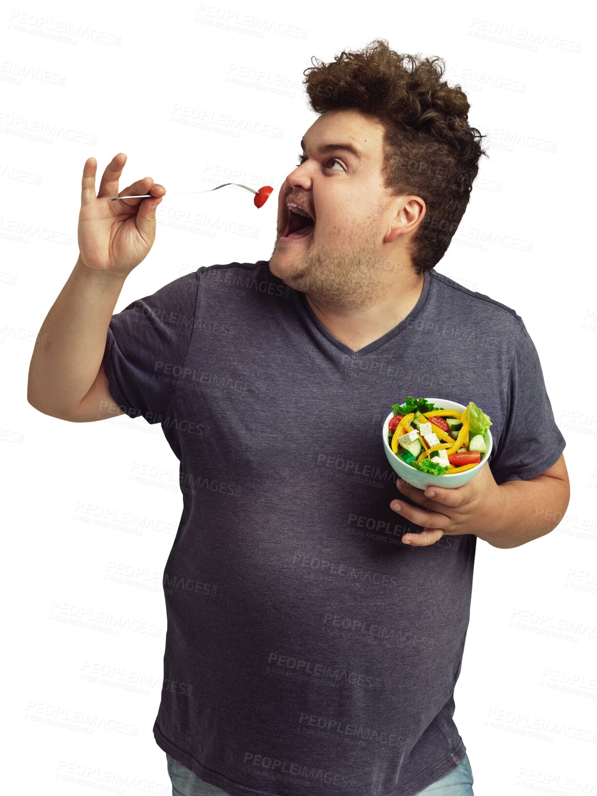 Buy stock photo Plus size man is eating a salad, healthy food and excited about diet isolated on transparent png background. Male person with funny expression, vegetables and lose weight for health and nutrition